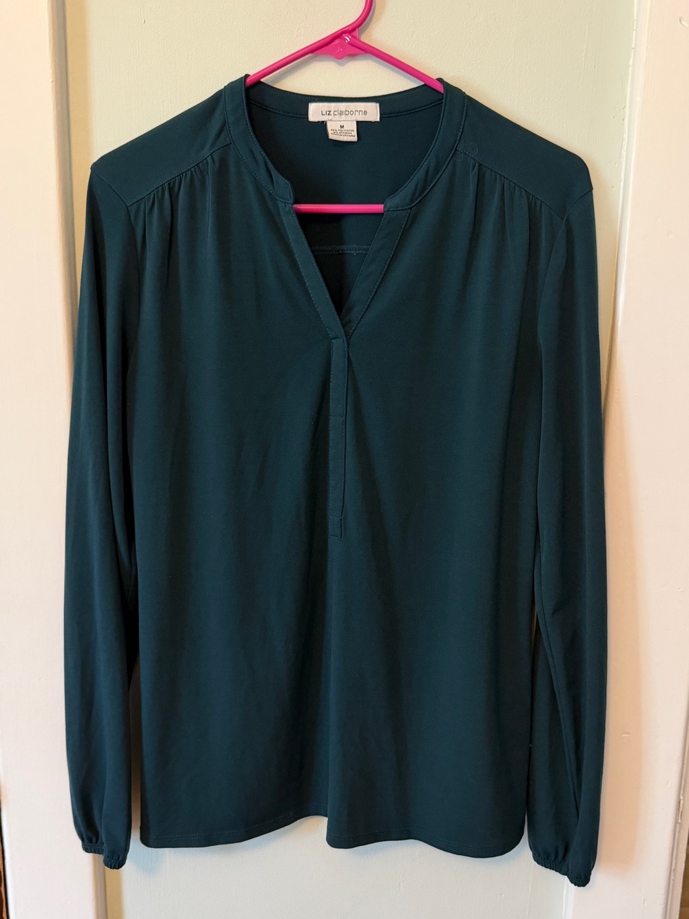 Liz Claiborne Deep Teal Long-Sleeve Split-Neck Blouse